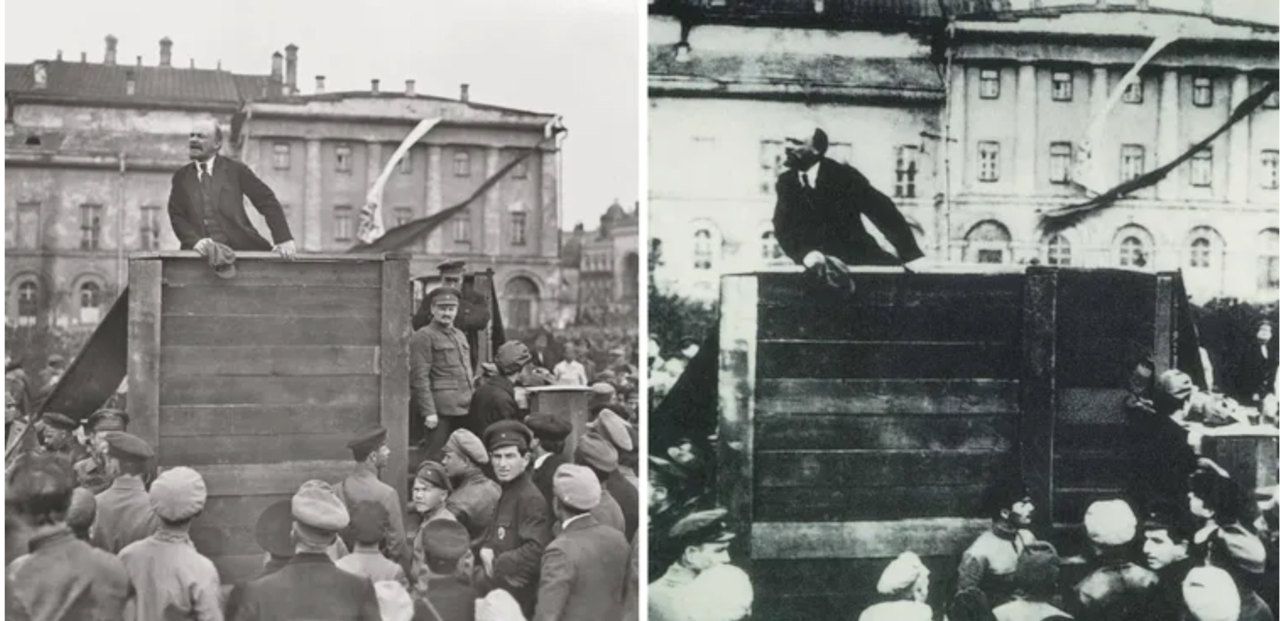 Foto:A la izquierda, Lenin arengando a las tropas que partían hacia el frente polaco. Parados en unos escalones están Trotski y Kámenev. La fotografía, una de muchas de esta escena, fue tomada por G.P. Goldstein. En el retoque posterior, la imagen de la derecha, Trotsky y Kámenev son sustituidos por peldaños de madera. Wikimedia Commons