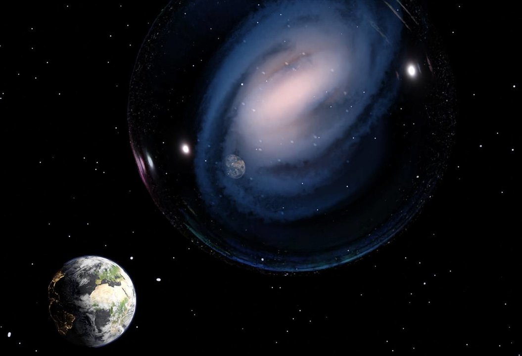Representación artística de la galaxia espiral barrada ceers-2112, similar a la Vía Láctea, y con la Tierra reflejada en una burbuja a su alrededor, recordando la conexión entre ambas galaxias. / Luca Costantin (CAB, CSIC-INTA)