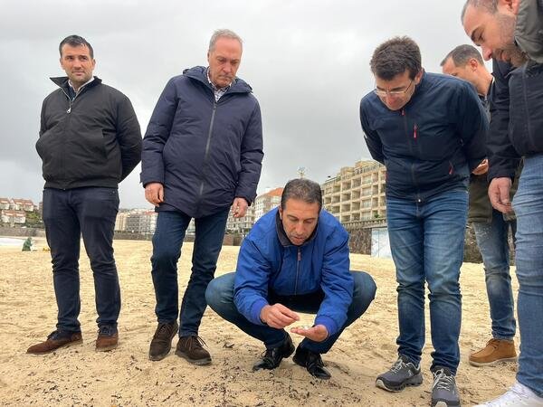 Foto: Cargos de la Xunta miran los pélets llegados a las playas