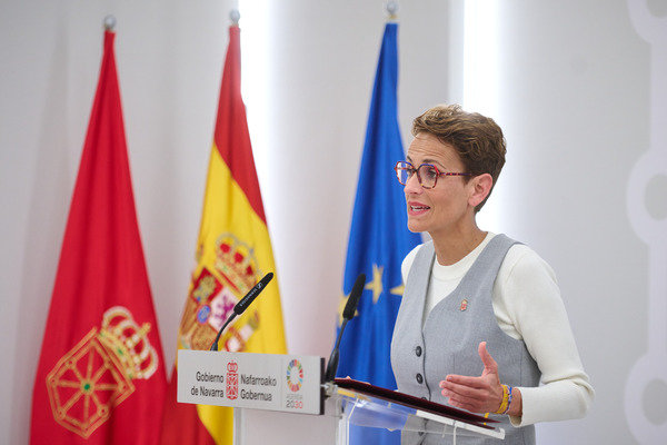 FOTO: La presidenta Chivite, en la rueda de prensa de esta tarde en el Palacio de Navarra